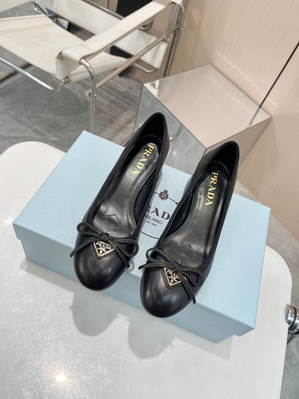 Prada Triangle Logo Bow Pump In Black view 6