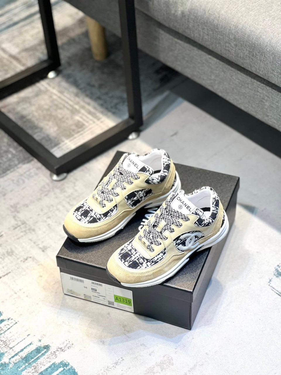 Chanel Coton Tweed Suede Calfskin Sneakers Black view 8