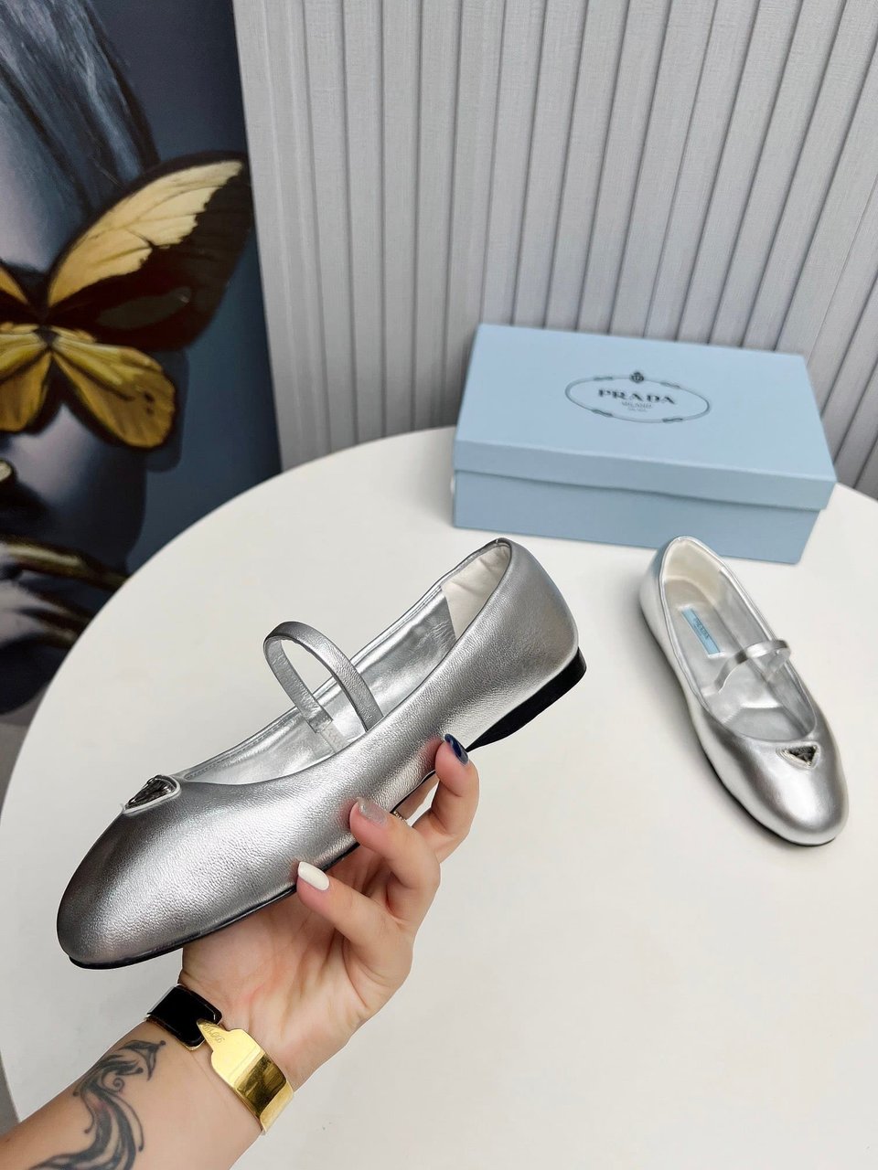 Prada Soft Padded Nappa Leather Ballerinas Silver view 5