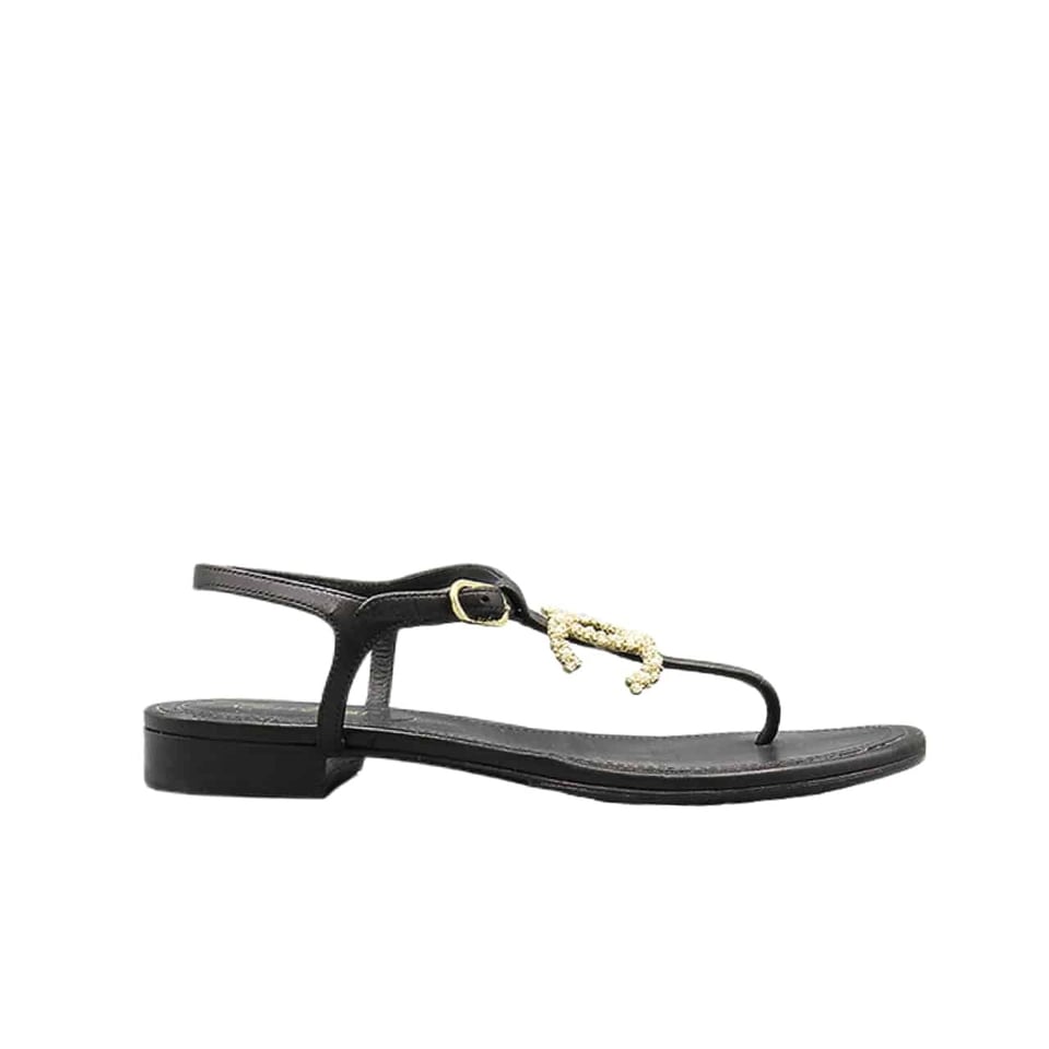 Chanel Gold Pearl Cc Logo Thong Sandals Black view 2