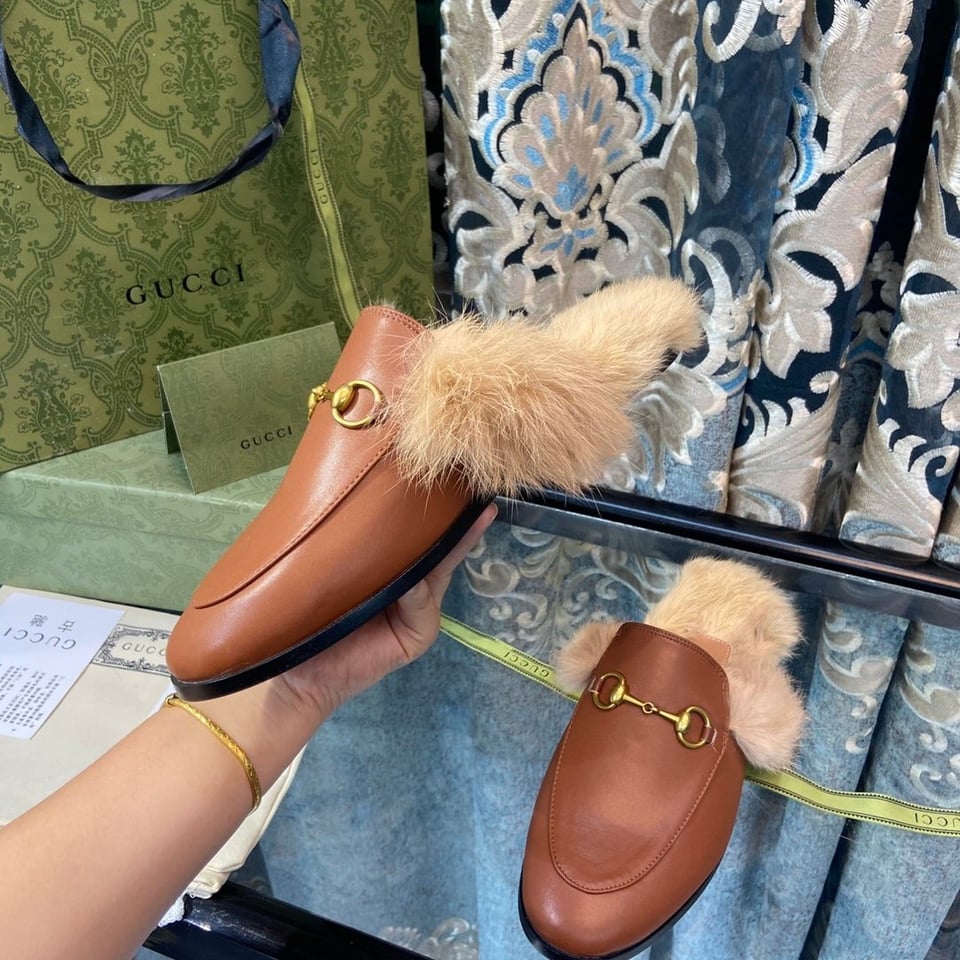 Gucci Princetown Furlined Leather Slippers In Brown view 5