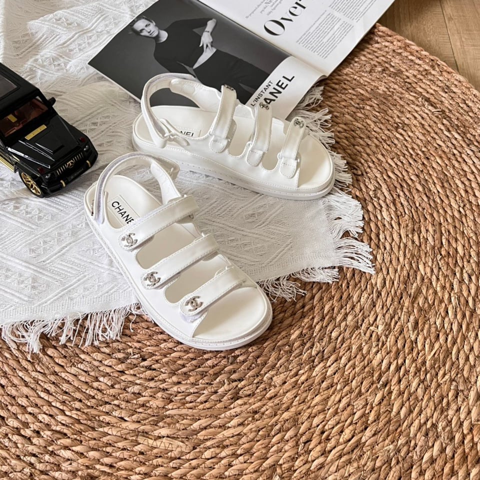 Chanel Triple Velcro Strap Sandals White G45628 view 3