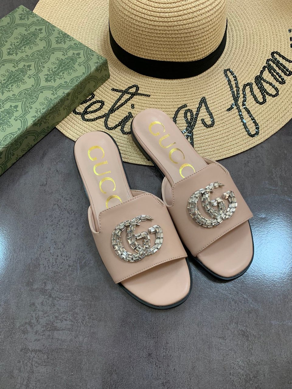 Gucci Double G Slippers Leather Beaded In Beige view 3