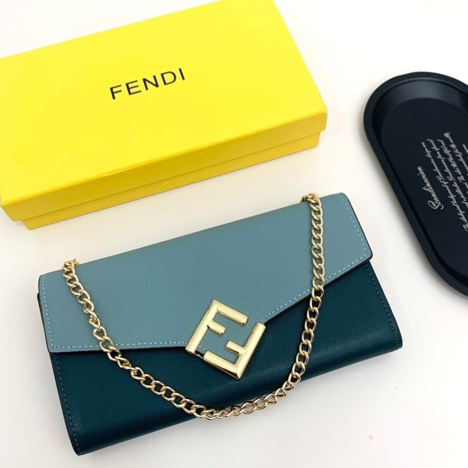 Fendi Ff Diamonds Continental With Chain Leather Wallet Green Blue 19Cm view 5