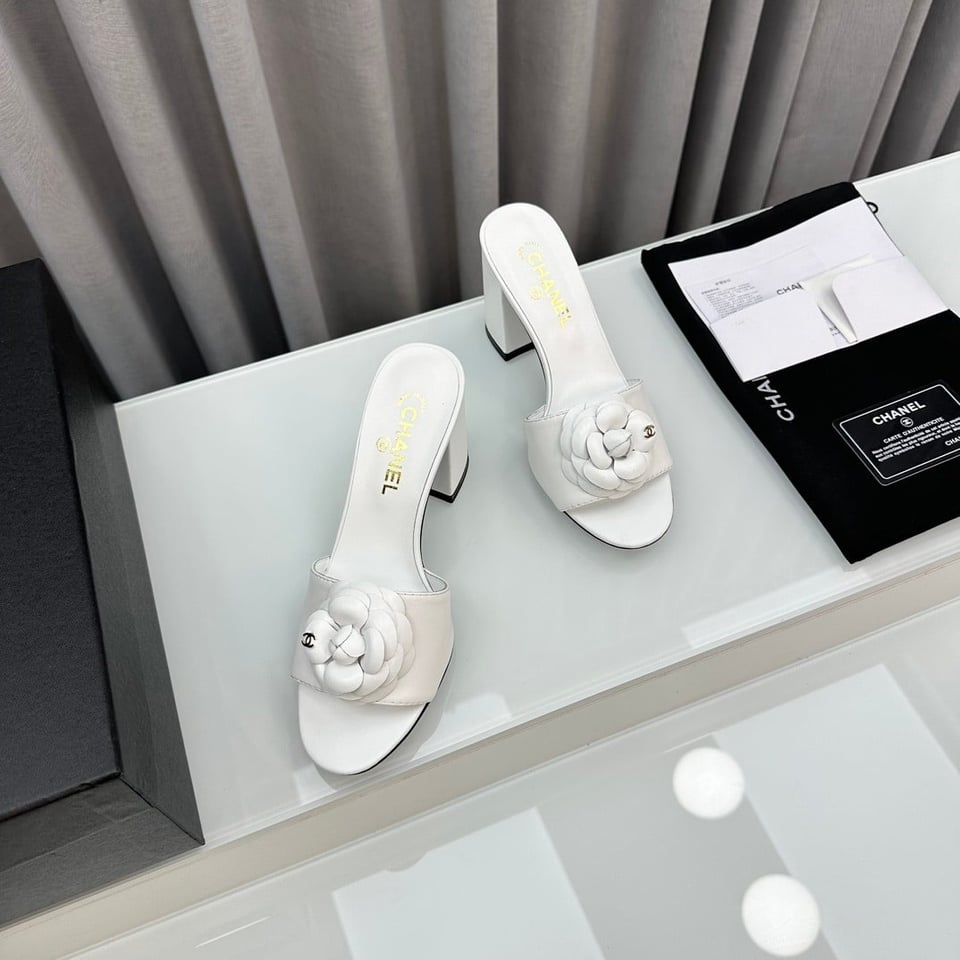 Chanel Camellia Medium Heel Slippers White view 4