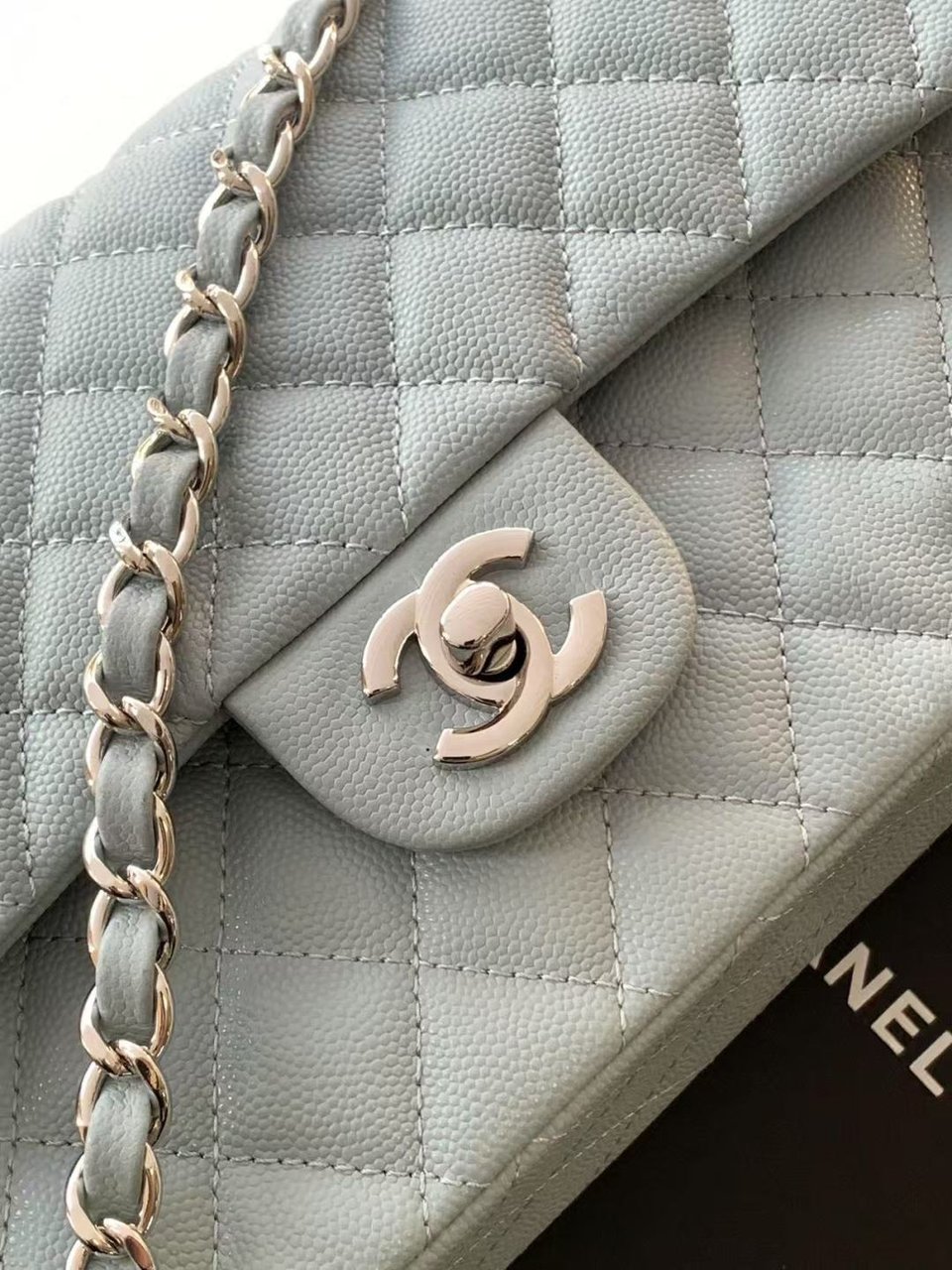 Chanel Classic Flap Bag 25 cm Light Blue Caviar Silver-Tone Hardware A01112 view 6