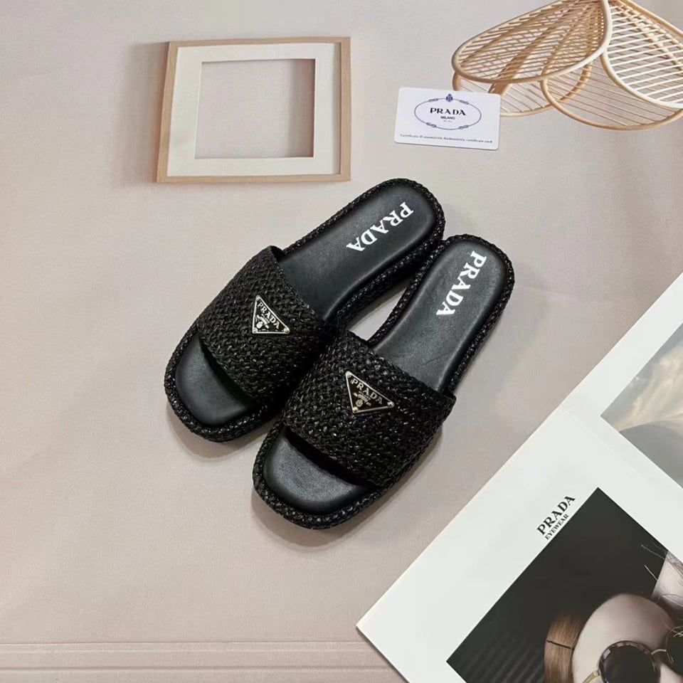 Prada Natural Crochet Platform Slides Black view 3