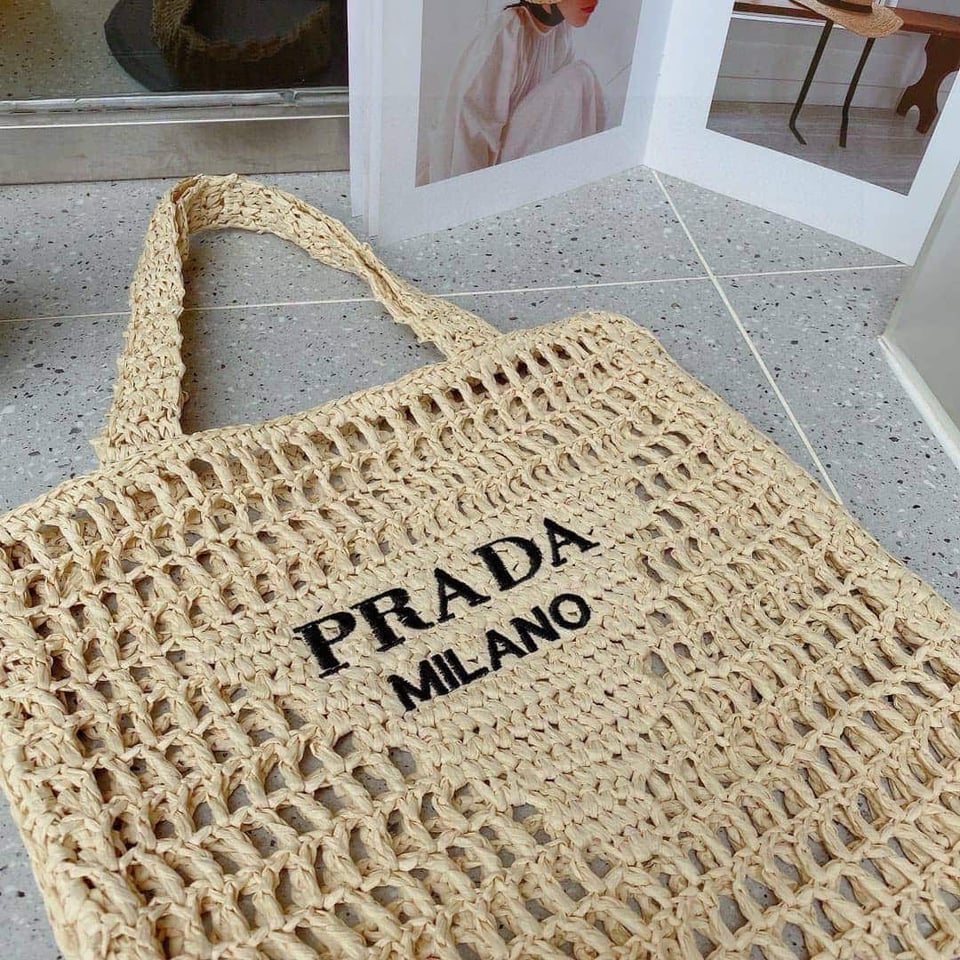 Prada Natural Crochet Logo Tote Bag Beach Bag 38 cm view 12