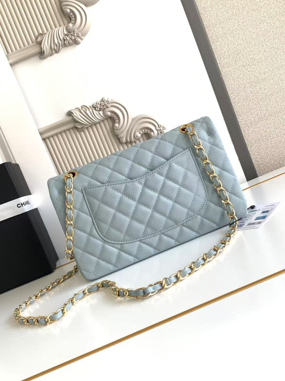 Chanel Classic Flap Bag 25 cm Light Blue Caviar Gold-Tone Hardware A01112 view 5