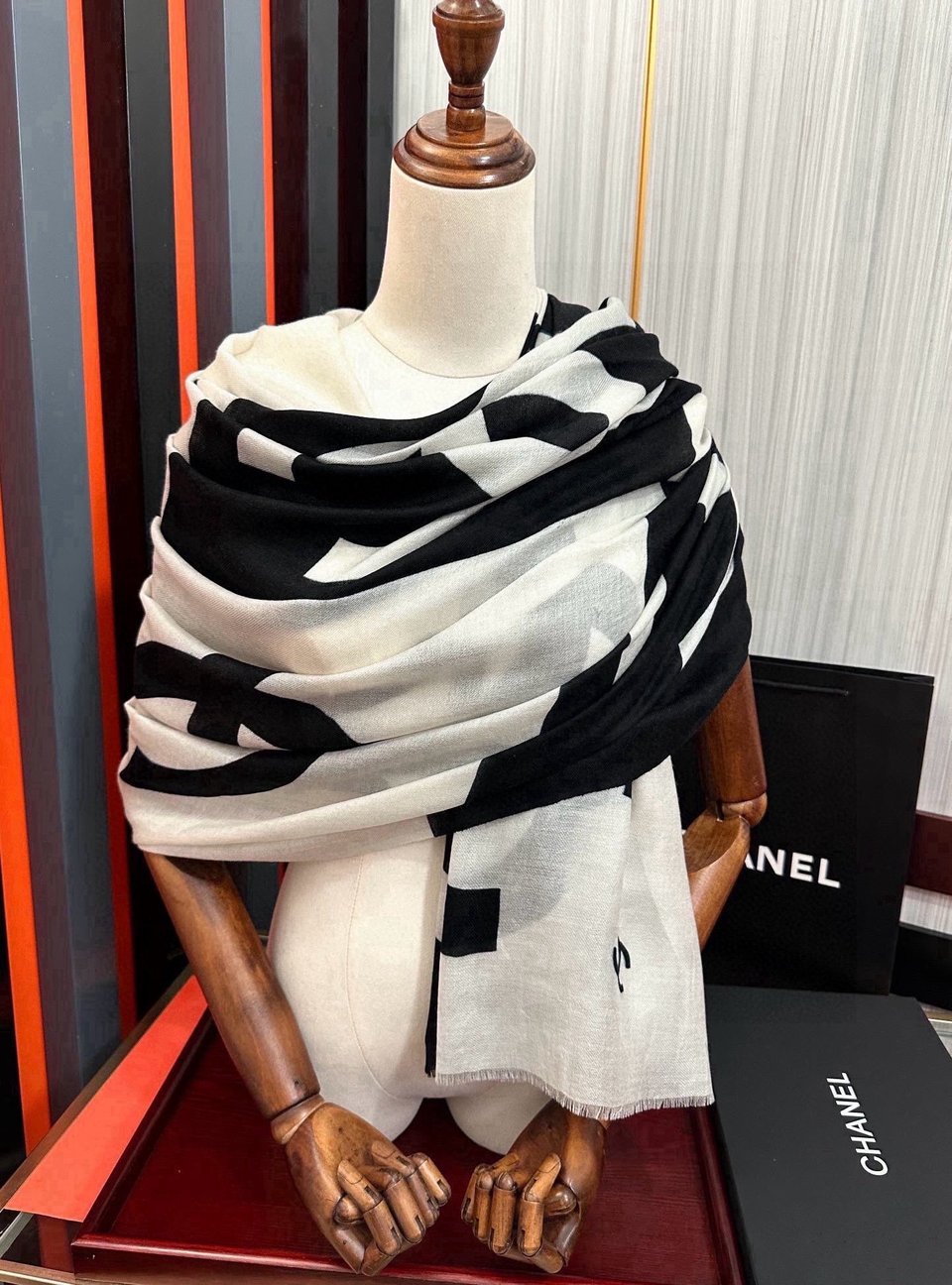 Chanel Silk Shawl CC Logo Colorblock Black – White For Women 200cm view 7