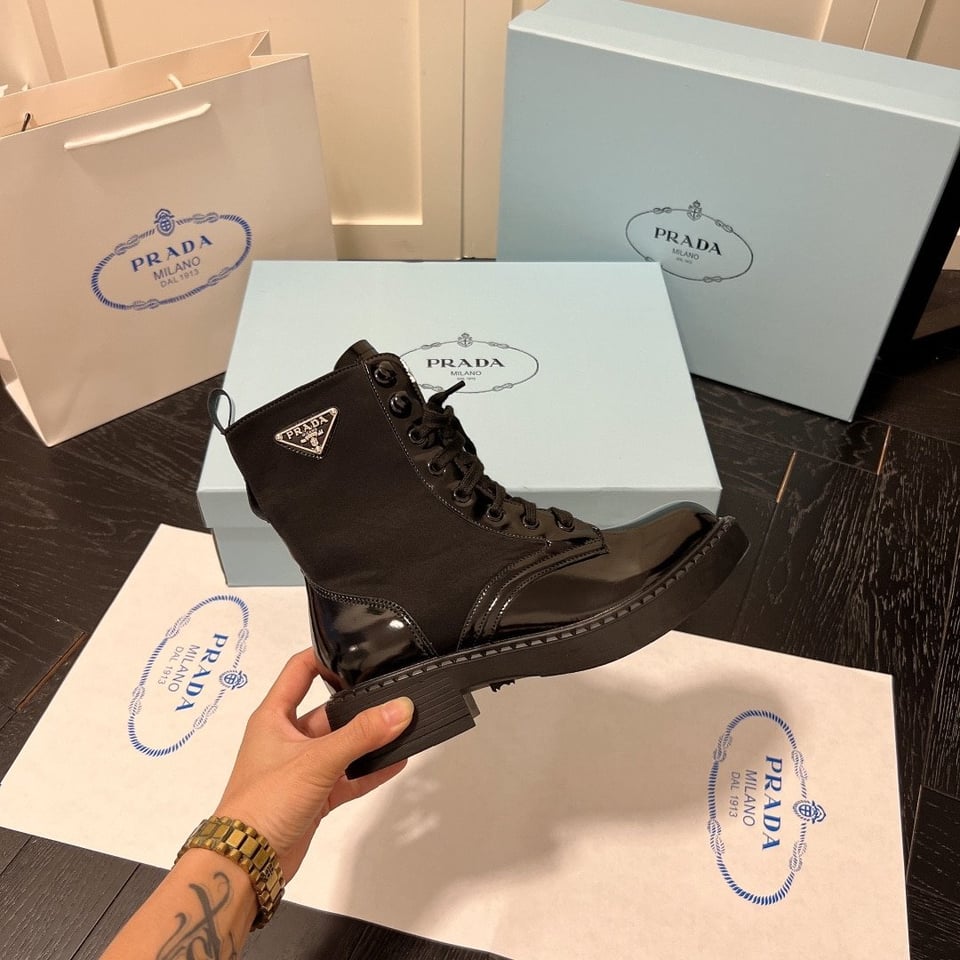 Prada Brushed-Leather And Re-Nylon Boots Shiny Black view 5