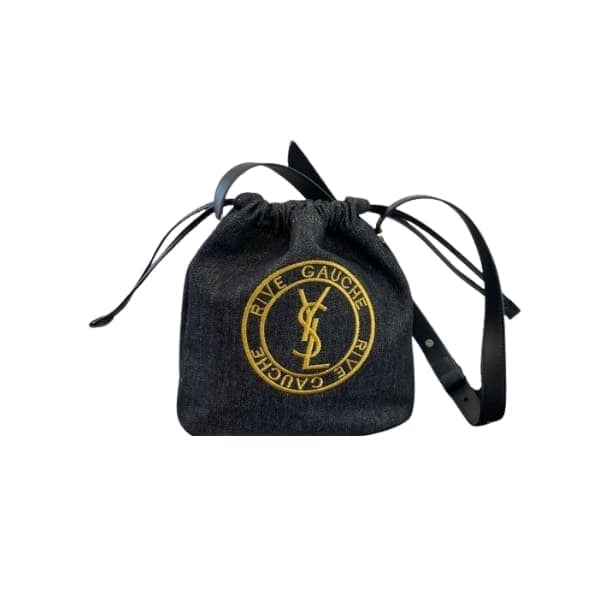 Saint Laurent Rive Gauche Laced Bucket Bag In Embroidered Felt And Smooth Leather Denim Black view 2