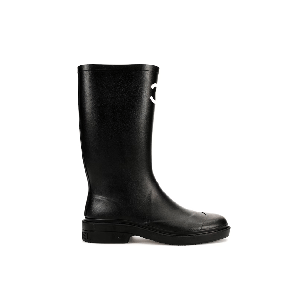 Chanel CC Logo Rain Boots Black Rubber Heel 47cm