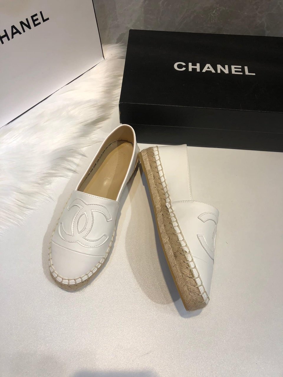 Chanel Embroidered Espadrille Leather Cap Toe Flats White view 6