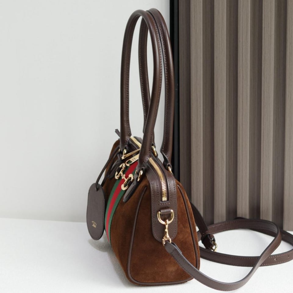 Gucci Borsetto Large Boston Bag Dark Brown Suede 38.5cm/15.2in view 7