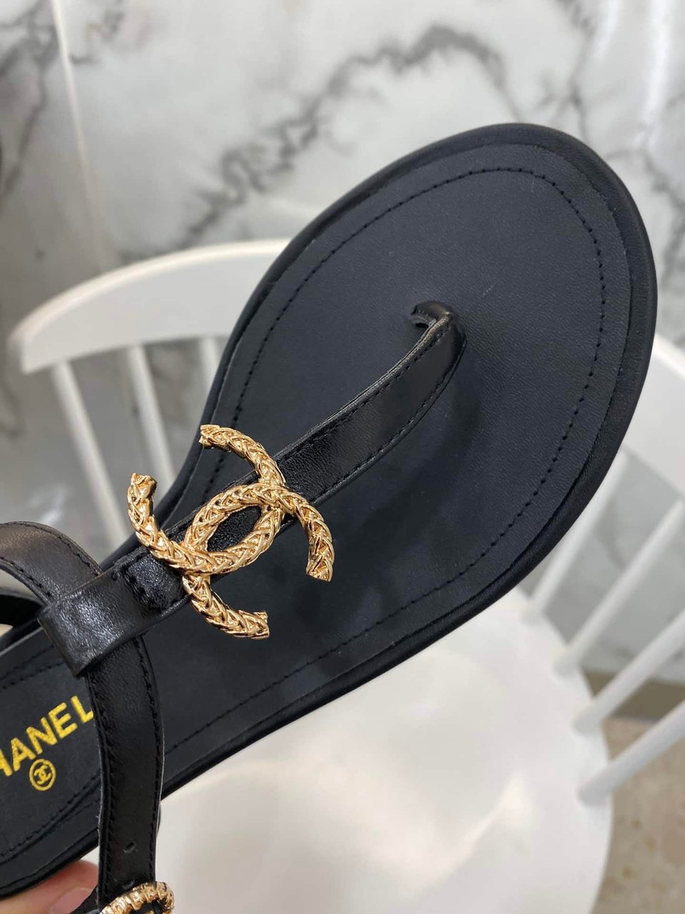 Chanel Gold Cc Logo Thong Sandals Black view 5