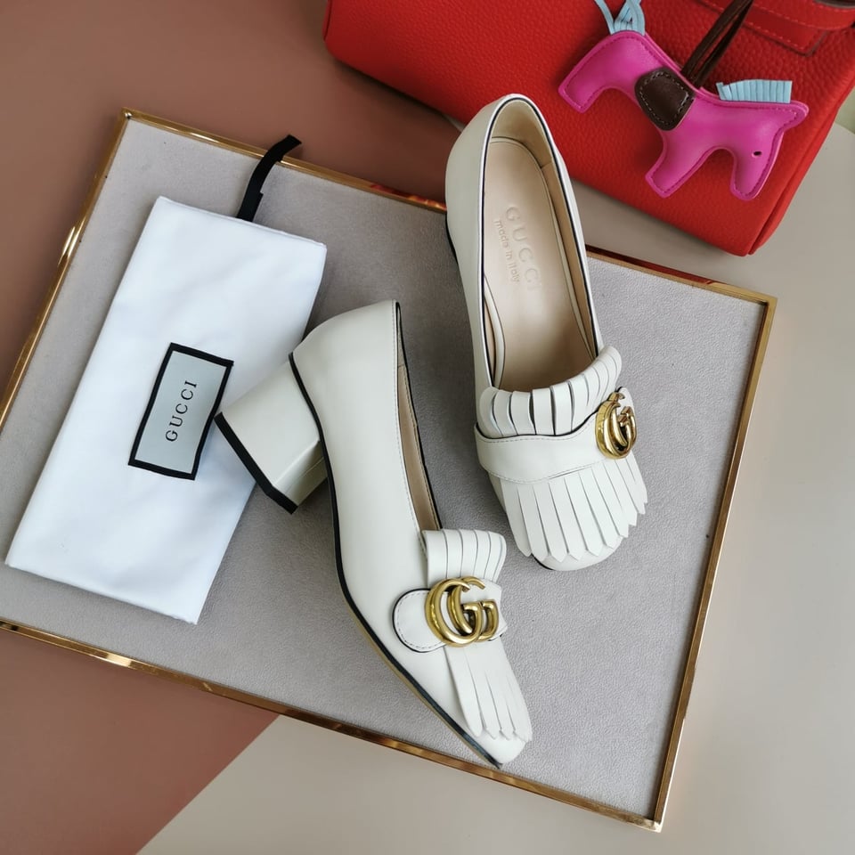 Gucci Wmns White Leather Mid-Heel Pump view 10