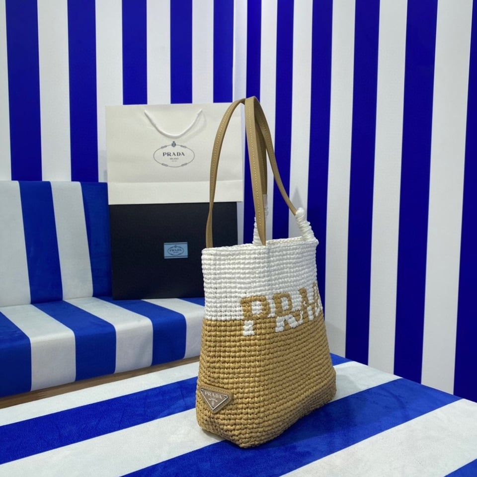 Prada Raffia Tote Bag Beige 23cm view 9