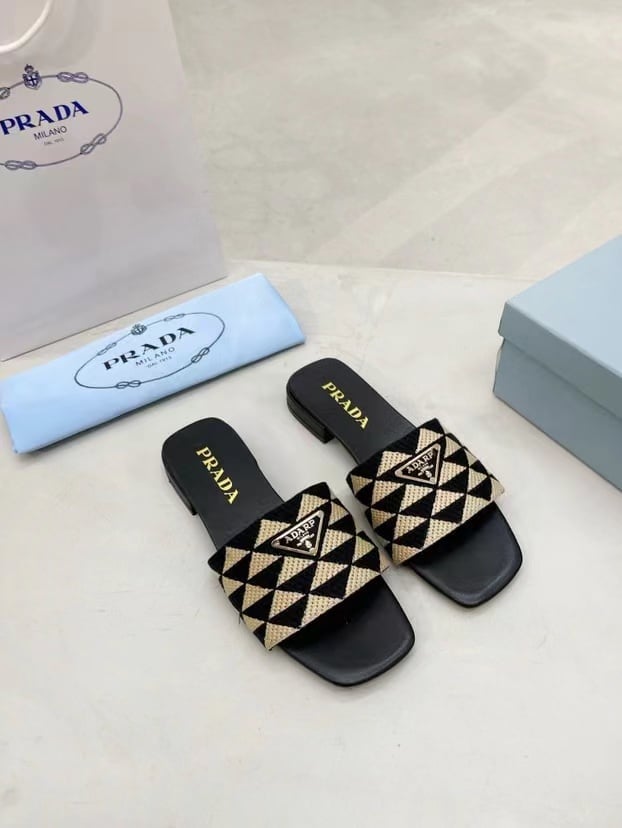 Prada Embroidered Fabric Slides Black Yellow view 3