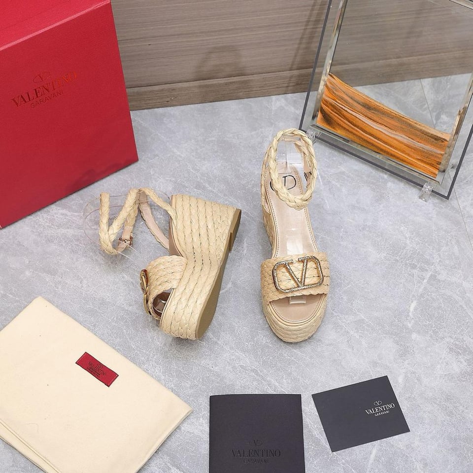 Valentino Garavani Vlogo Raffia Platform Wedge Sandals Natural view 7