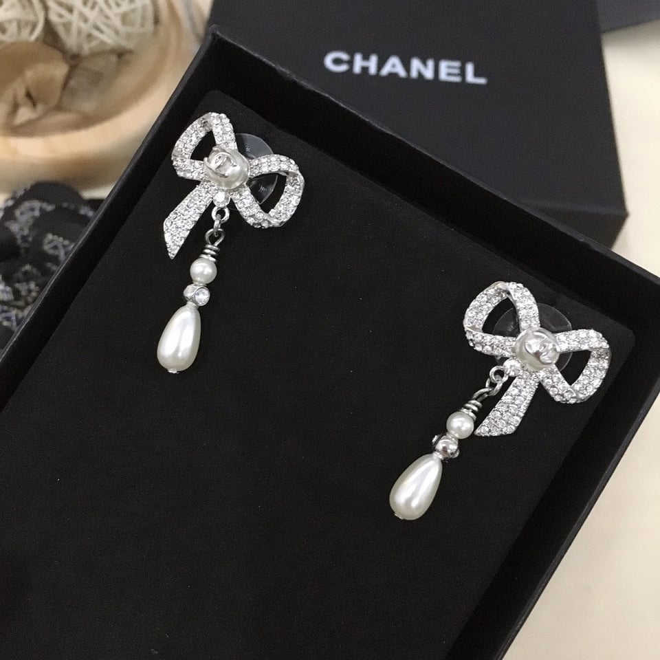 Chanel Bow Silver Pearl Earrings view 3