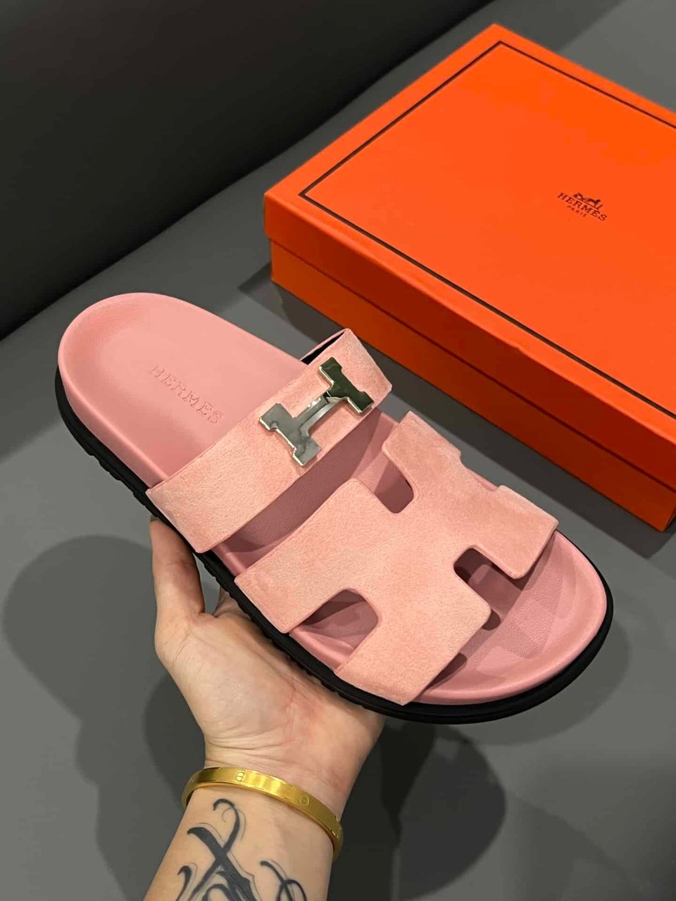 Hermes Chypre Sandal H Logo Silver Hardware Pink view 6