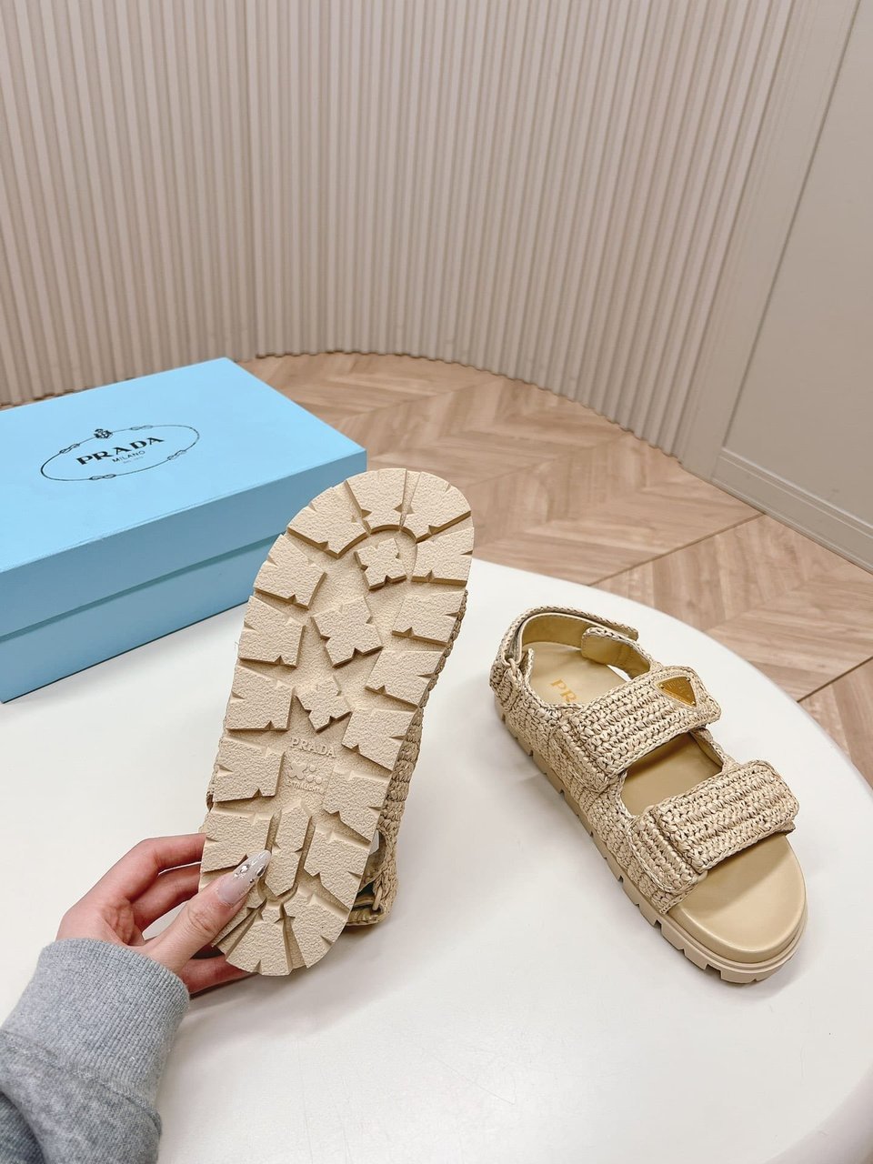 Prada Monolith Crochet Raffia Effect Sandals In Neutrals view 3
