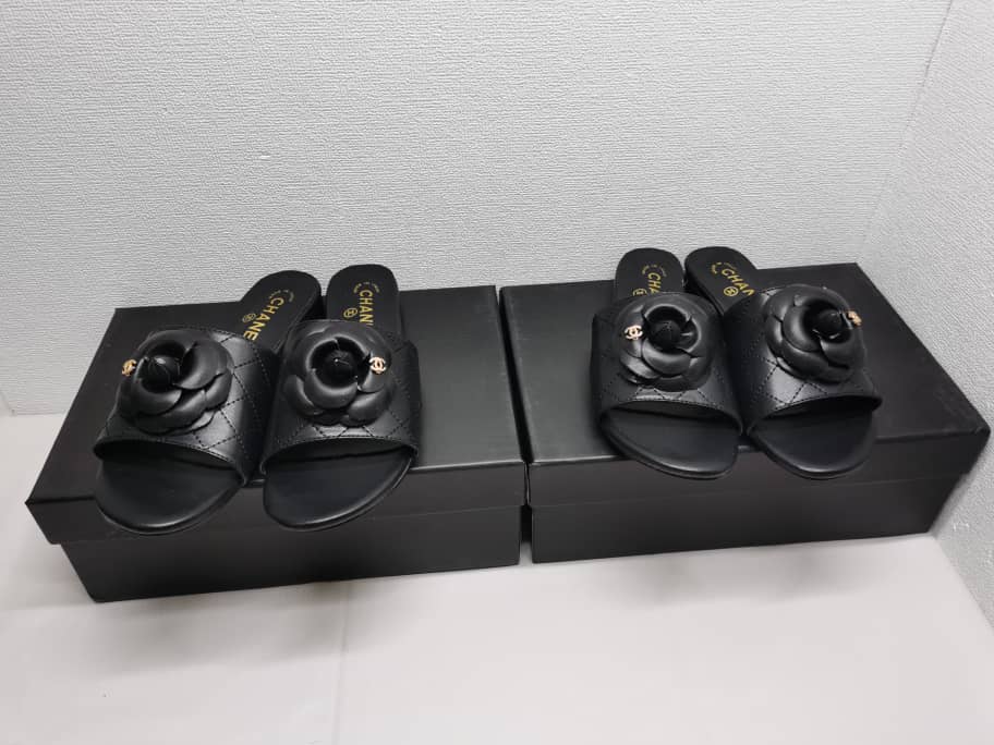Chanel Camellia Leather Slides Black view 4