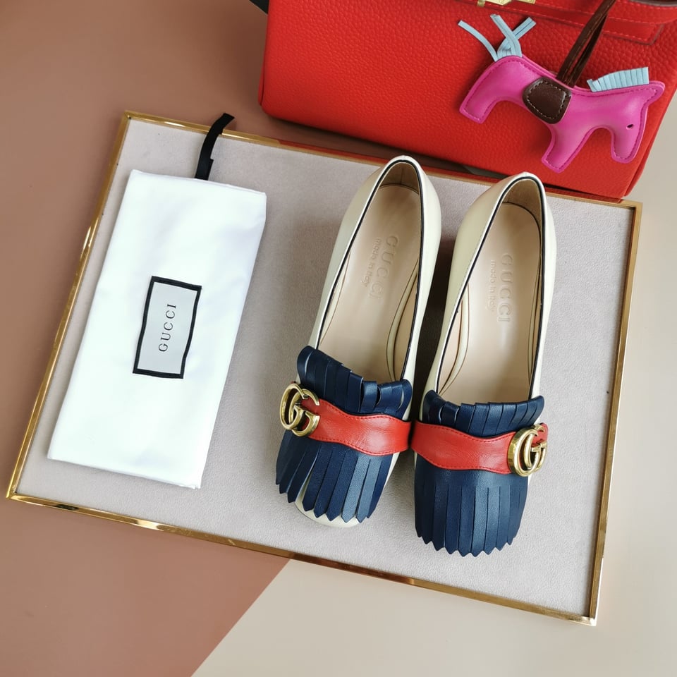Gucci Wmns White And Blue Leather Mid-Heel Pump view 7