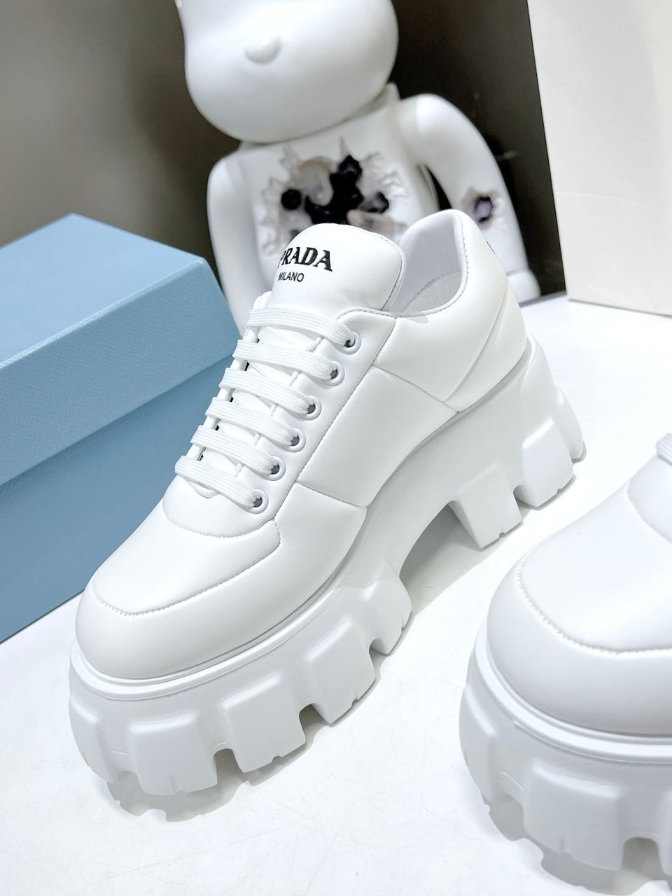 Prada Soft Padded Nappa Leather Lace Up Shoes White view 8