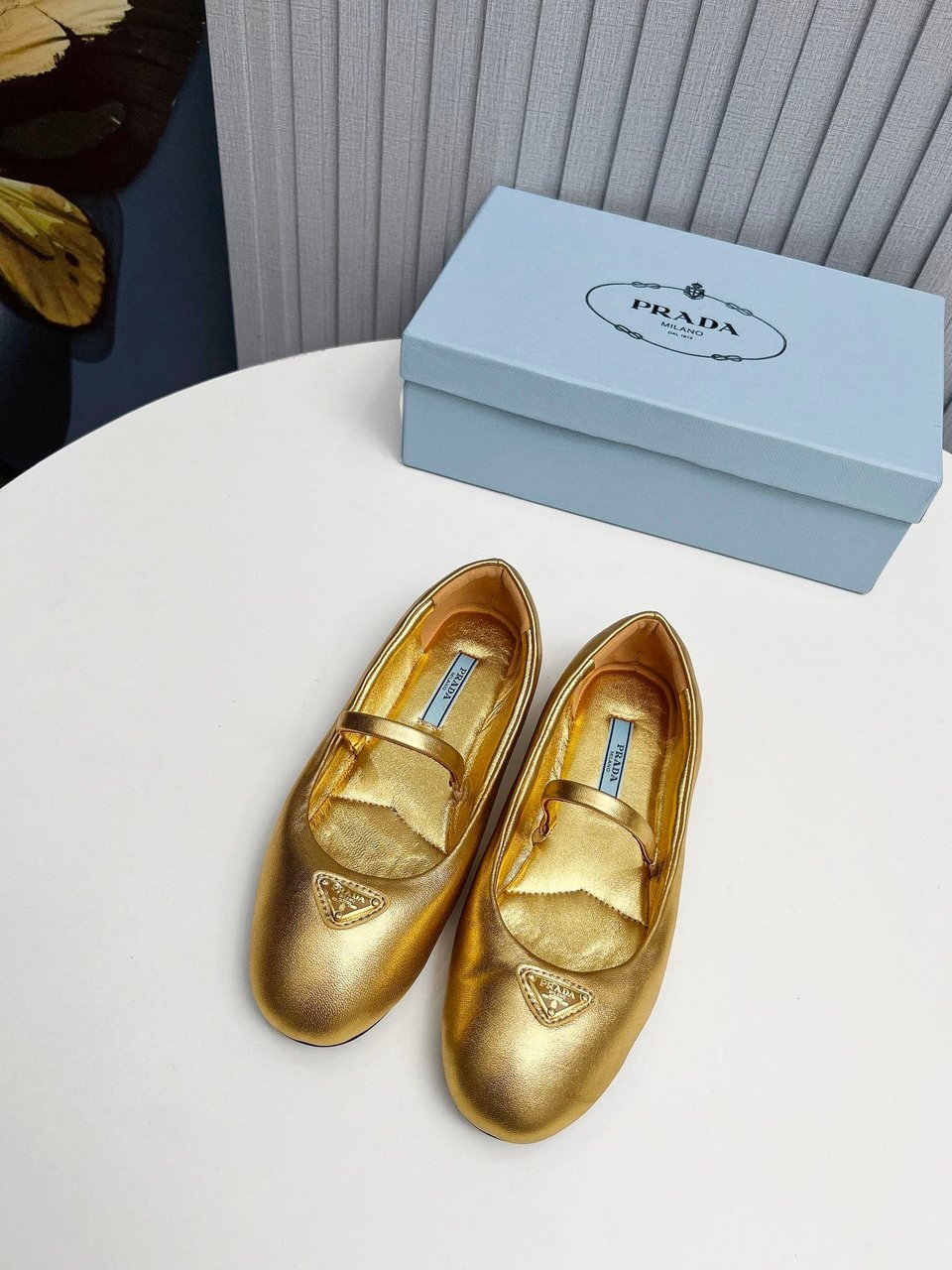 Prada Soft Padded Nappa Leather Ballerinas Gold view 9