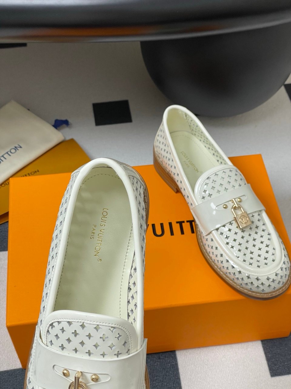 Louis Vuitton Chess Flat Loafer White Monogram Embroidered with Gold Padlock 1AGXRV view 7