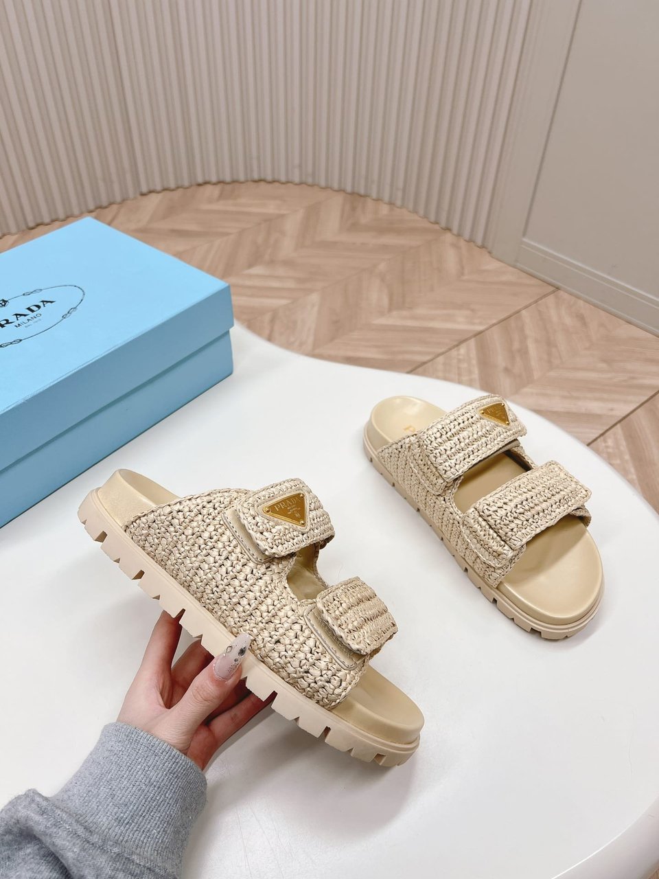 Prada Fussbett Raffia Dual Buckle Slide Sandals Beige view 7