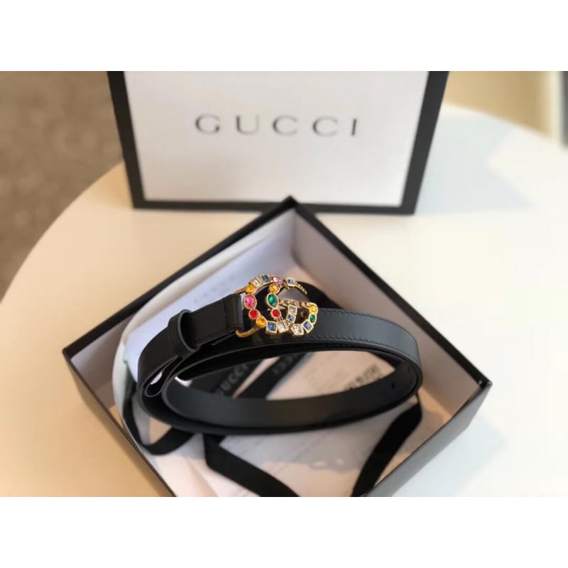Gucci 20mm Leather Belt With Crystal Double G Buckle 513183 view 2