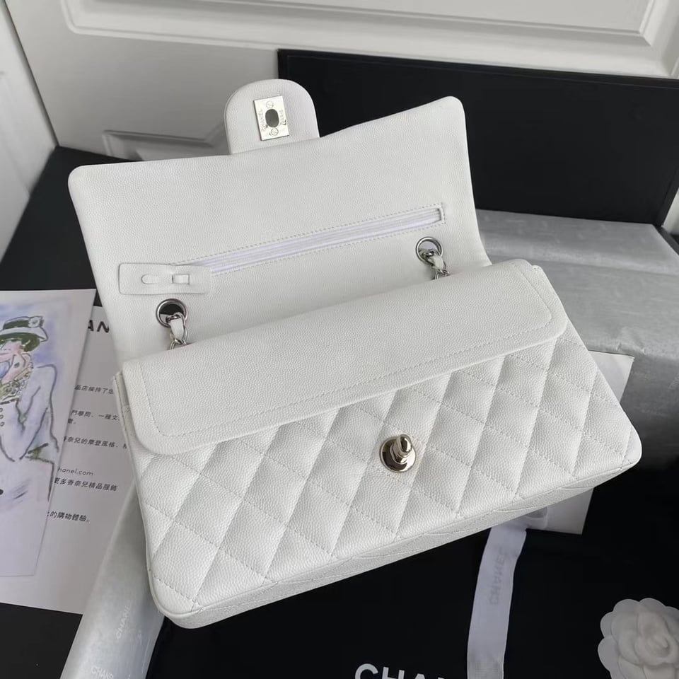 Chanel Classic Double Flap Bag White Silver Hardware 25Cm/10in view 6
