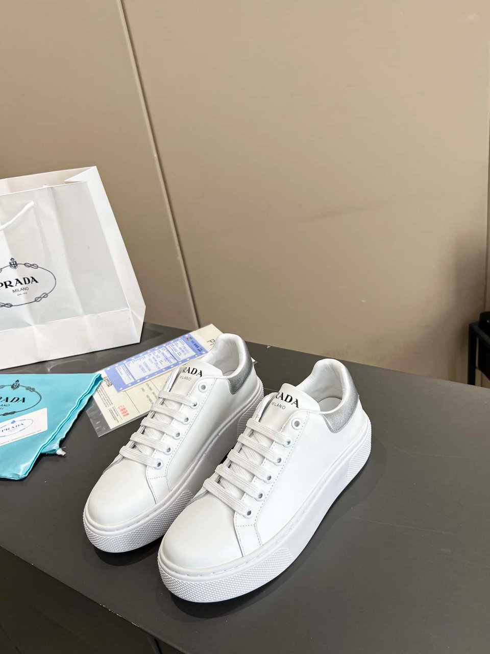 Prada Sneakers In White Leather With Silver Logo view 4