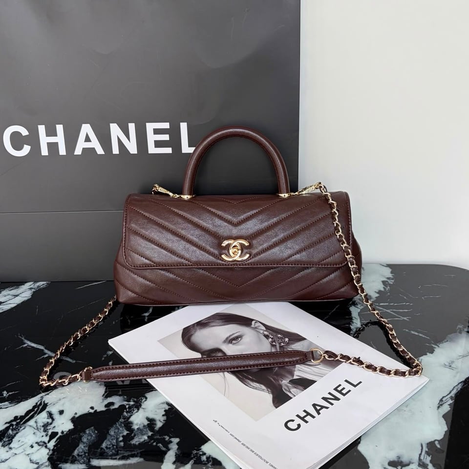 Chanel Maxi Flap Bag With Top Handle 31cm/12.2in Brown AS6091 view 3