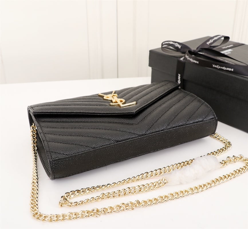 Saint Laurent Cassandre Matelasse Chain Wallet In Grain De Poudre Embossed Black Gold 22Cm 377828 Bow01 1000 view 11