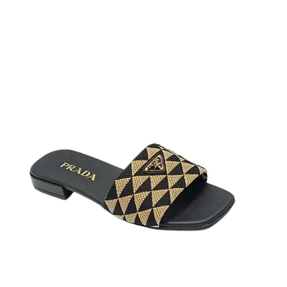 Prada Embroidered Fabric Slides Black Yellow view 2