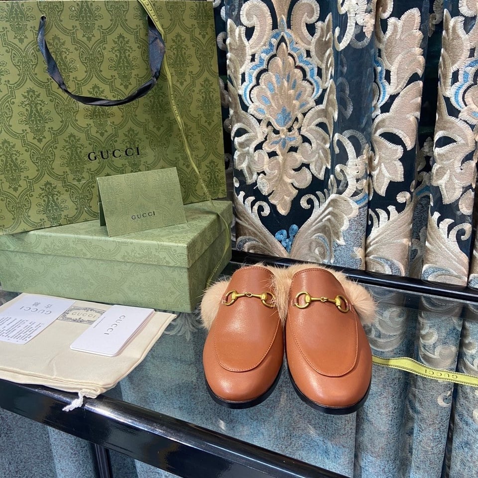 Gucci Princetown Furlined Leather Slippers In Brown view 8