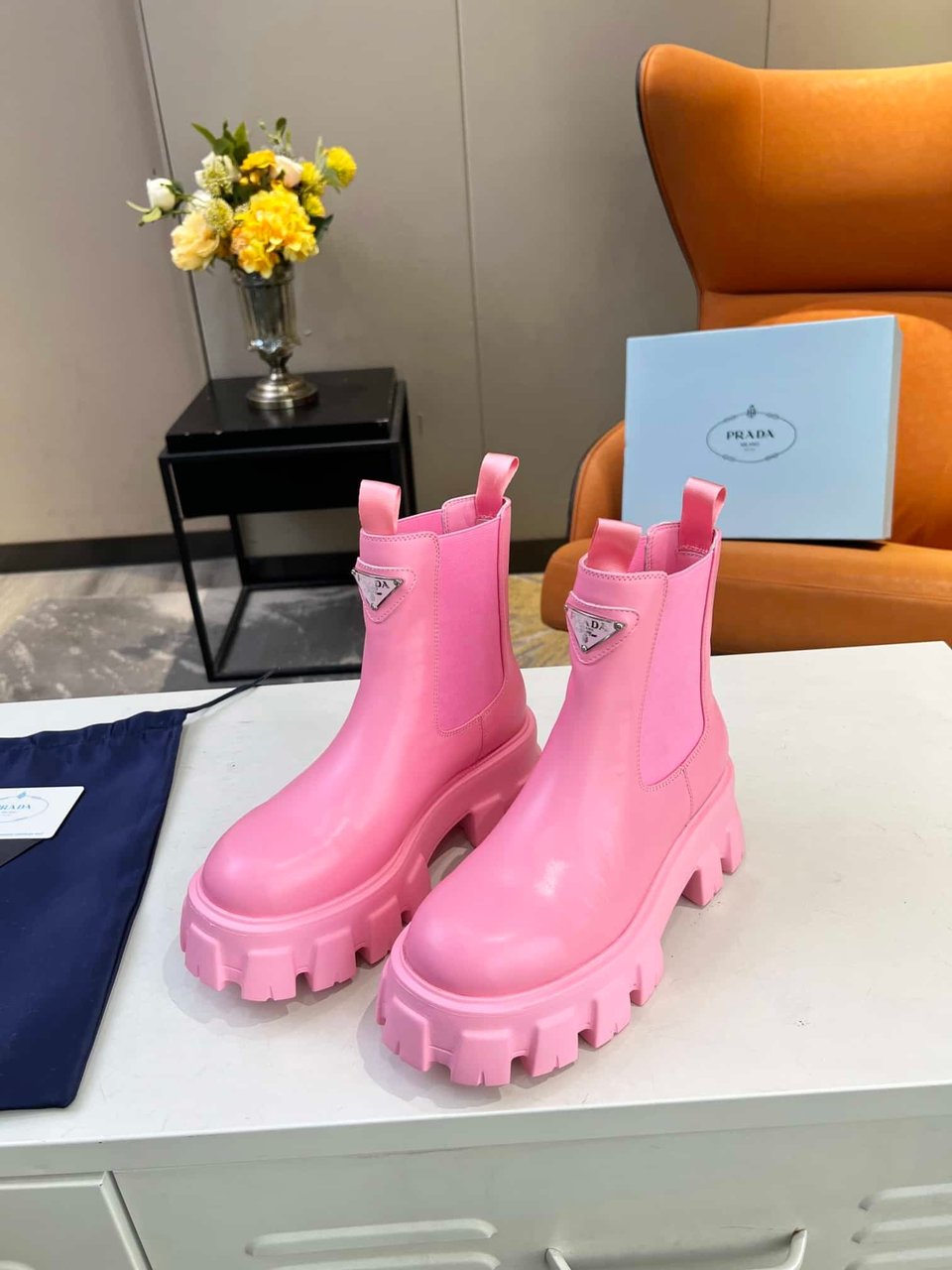 Prada Monolith Brushed Leather Booties Pink view 11