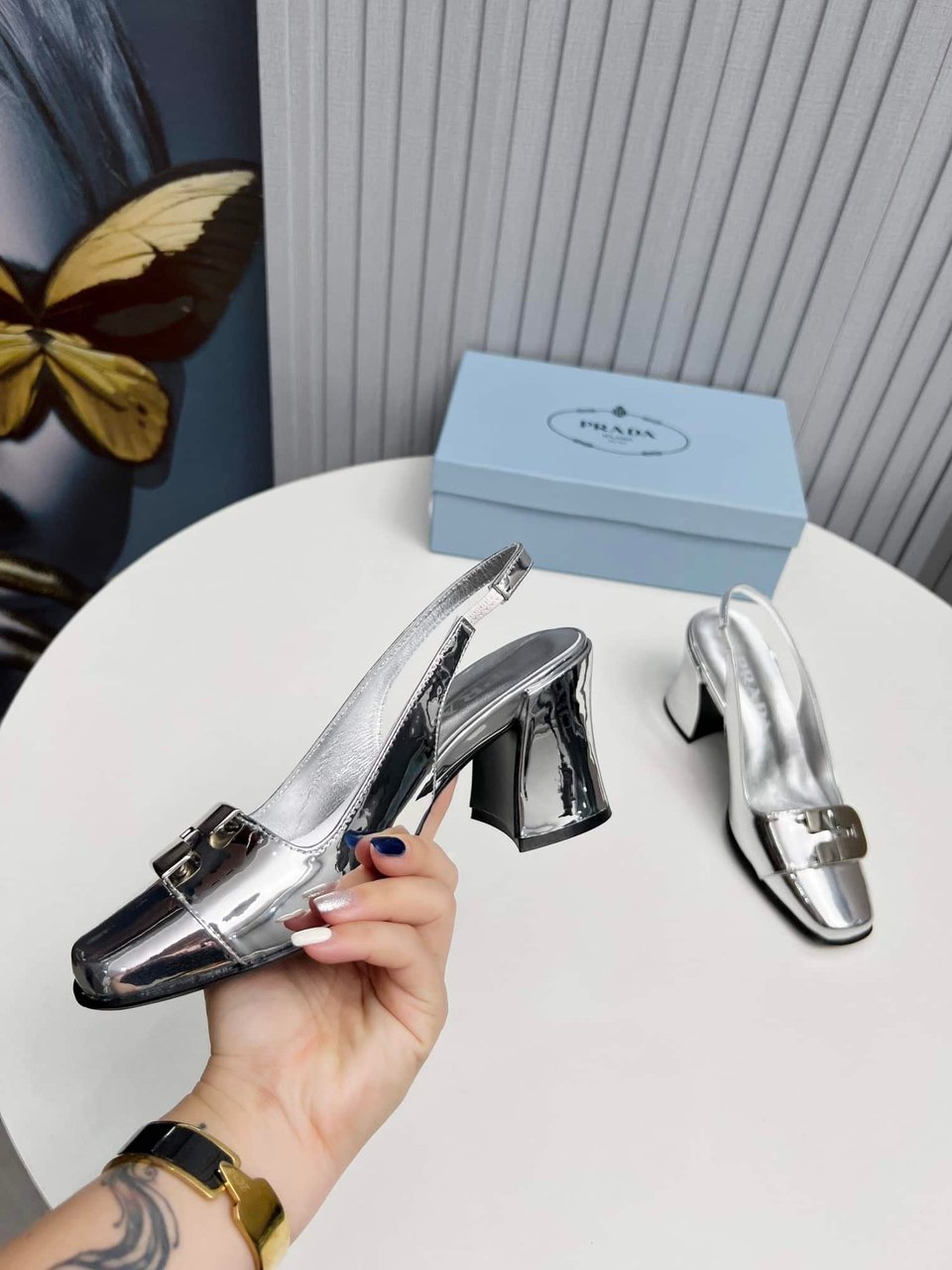 Prada Leather Slingback Pumps Silver view 5