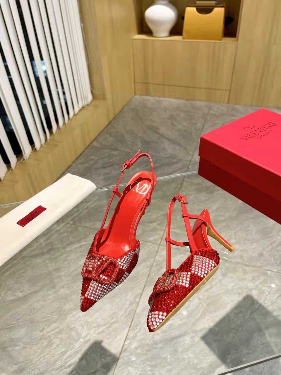 Valentino Vlogo Signature Back Strap Crystal High Heels Red view 8