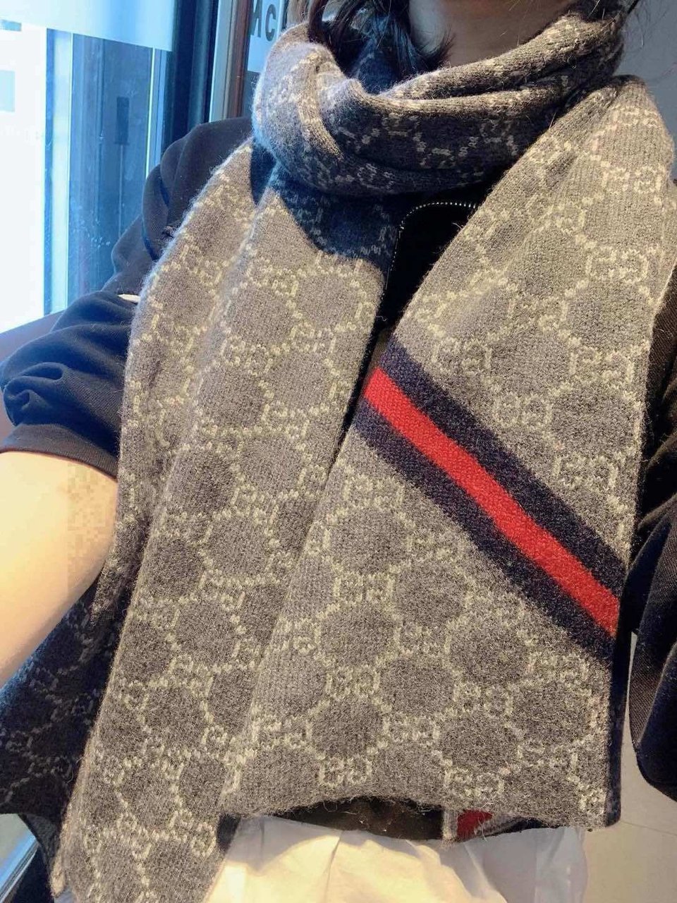 Gucci Cashmere Scarf GG Monogram Stripe Grey For Women 180cm view 3