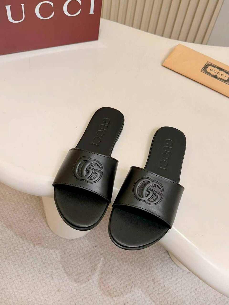 Gucci Slide Sandal With Double G Black Leather ‎874910 AAGT4 1000 For Women view 4