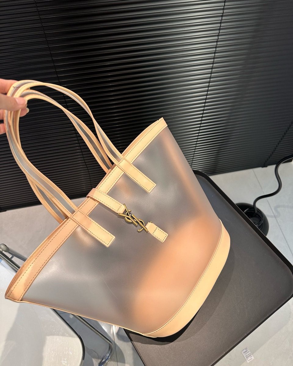 Saint Laurent Panier Medium In Vinyl And Vegetable Tanned Leather Brown 28 Cm view 9