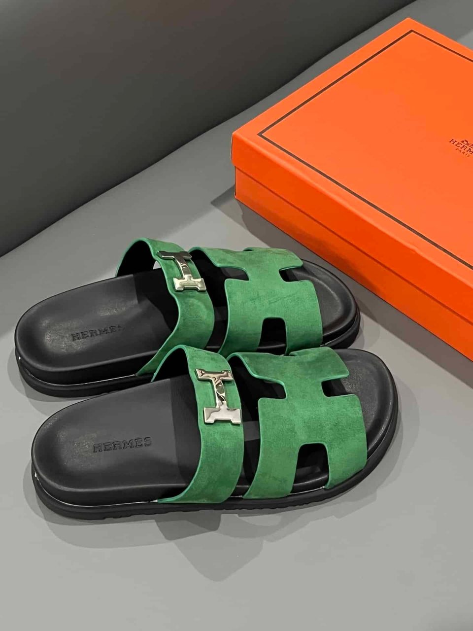 Hermes Chypre Sandal Suede H Logo Silver Hardware Green view 3