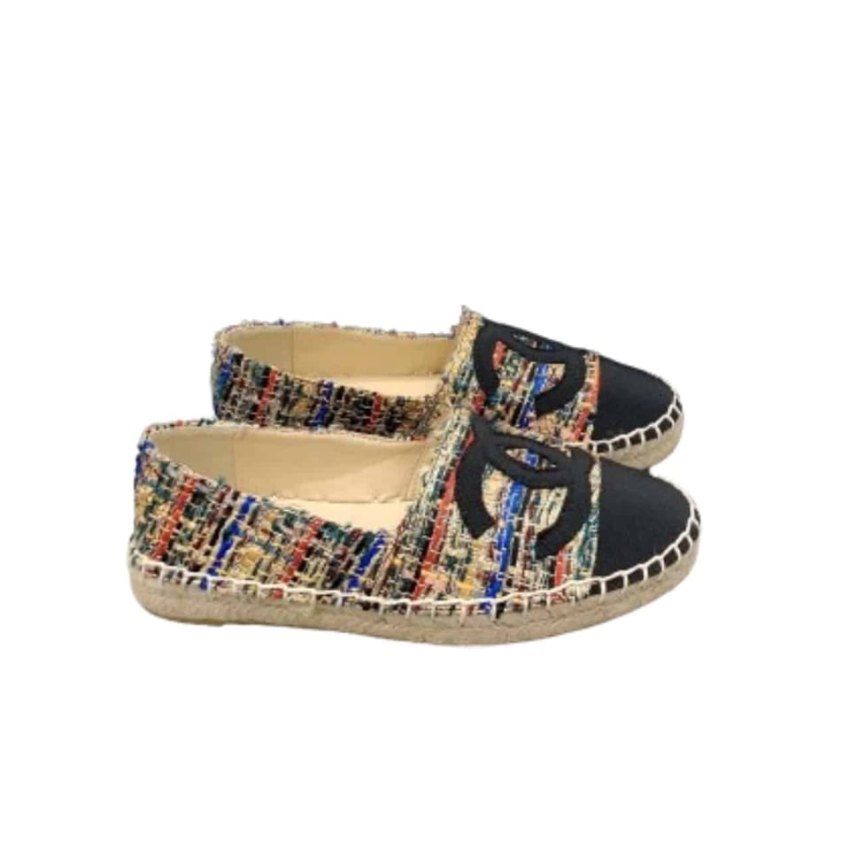 Chanel Tweed Grosgrain Cc Espadrilles Slip On Multicolor Black view 2