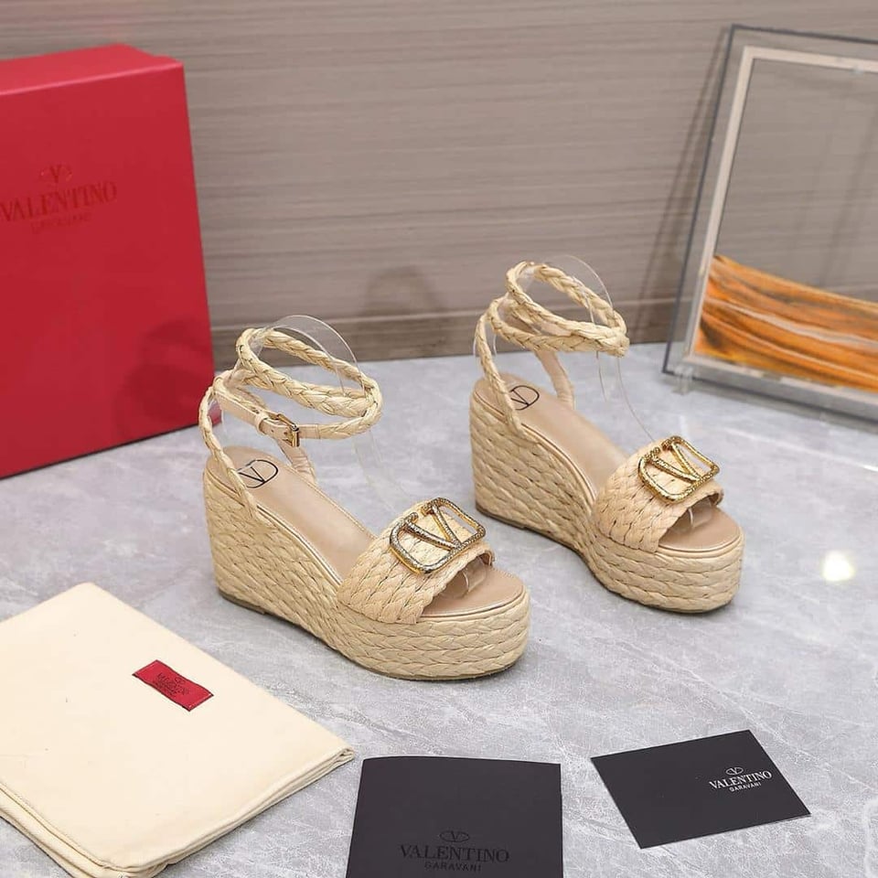 Valentino Garavani Vlogo Raffia Platform Wedge Sandals Natural view 10