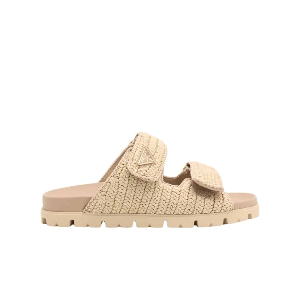 Prada Fussbett Raffia Dual Buckle Slide Sandals Beige view 2